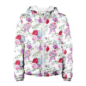 Женская куртка 3D с принтом Цветы и бабочки 8 в Новосибирске, ткань верха — 100% полиэстер, подклад — флис | прямой крой, подол и капюшон оформлены резинкой с фиксаторами, два кармана без застежек по бокам, один большой потайной карман на груди. Карман на груди застегивается на липучку | акварель | бабочка | нежный | рисунок | роза | сирень | цветочек | цветочный | цветы