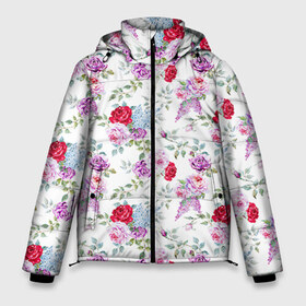 Мужская зимняя куртка 3D с принтом Цветы и бабочки 8 в Новосибирске, верх — 100% полиэстер; подкладка — 100% полиэстер; утеплитель — 100% полиэстер | длина ниже бедра, свободный силуэт Оверсайз. Есть воротник-стойка, отстегивающийся капюшон и ветрозащитная планка. 

Боковые карманы с листочкой на кнопках и внутренний карман на молнии. | Тематика изображения на принте: акварель | бабочка | нежный | рисунок | роза | сирень | цветочек | цветочный | цветы