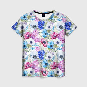 Женская футболка 3D с принтом Цветы и бабочки 9 в Новосибирске, 100% полиэфир ( синтетическое хлопкоподобное полотно) | прямой крой, круглый вырез горловины, длина до линии бедер | акварель | нежный | паттерн | цветочек | цветочный