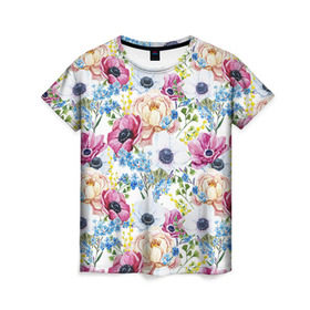 Женская футболка 3D с принтом Цветы и бабочки 10 в Новосибирске, 100% полиэфир ( синтетическое хлопкоподобное полотно) | прямой крой, круглый вырез горловины, длина до линии бедер | маки | паттерн