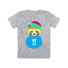 Детская футболка хлопок с принтом Енот в Новосибирске, 100% хлопок | круглый вырез горловины, полуприлегающий силуэт, длина до линии бедер | city | ny | енот | животные | звери | кепка | очки | серый | хипстер