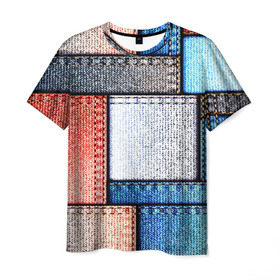Мужская футболка 3D с принтом Джинсовый стиль в Новосибирске, 100% полиэфир | прямой крой, круглый вырез горловины, длина до линии бедер | Тематика изображения на принте: заплатки | разноцветный | текстура | ткань