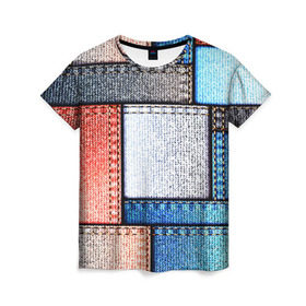 Женская футболка 3D с принтом Джинсовый стиль в Новосибирске, 100% полиэфир ( синтетическое хлопкоподобное полотно) | прямой крой, круглый вырез горловины, длина до линии бедер | заплатки | разноцветный | текстура | ткань