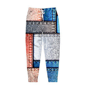 Мужские брюки 3D с принтом Джинсовый стиль в Новосибирске, 100% полиэстер | манжеты по низу, эластичный пояс регулируется шнурком, по бокам два кармана без застежек, внутренняя часть кармана из мелкой сетки | Тематика изображения на принте: заплатки | разноцветный | текстура | ткань