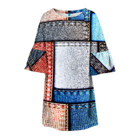 Детское платье 3D с принтом Джинсовый стиль в Новосибирске, 100% полиэстер | прямой силуэт, чуть расширенный к низу. Круглая горловина, на рукавах — воланы | заплатки | разноцветный | текстура | ткань