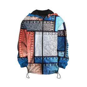 Детская куртка 3D с принтом Джинсовый стиль в Новосибирске, 100% полиэстер | застежка — молния, подол и капюшон оформлены резинкой с фиксаторами, по бокам — два кармана без застежек, один потайной карман на груди, плотность верхнего слоя — 90 г/м2; плотность флисового подклада — 260 г/м2 | заплатки | разноцветный | текстура | ткань