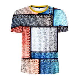 Мужская футболка 3D спортивная с принтом Джинсовый стиль в Новосибирске, 100% полиэстер с улучшенными характеристиками | приталенный силуэт, круглая горловина, широкие плечи, сужается к линии бедра | заплатки | разноцветный | текстура | ткань