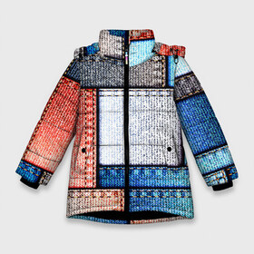 Зимняя куртка для девочек 3D с принтом Джинсовый стиль в Новосибирске, ткань верха — 100% полиэстер; подклад — 100% полиэстер, утеплитель — 100% полиэстер. | длина ниже бедра, удлиненная спинка, воротник стойка и отстегивающийся капюшон. Есть боковые карманы с листочкой на кнопках, утяжки по низу изделия и внутренний карман на молнии. 

Предусмотрены светоотражающий принт на спинке, радужный светоотражающий элемент на пуллере молнии и на резинке для утяжки. | заплатки | разноцветный | текстура | ткань