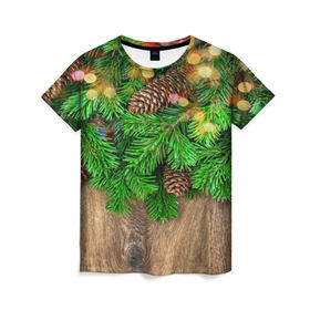 Женская футболка 3D с принтом Елка в Новосибирске, 100% полиэфир ( синтетическое хлопкоподобное полотно) | прямой крой, круглый вырез горловины, длина до линии бедер | дерево | елка | зеленый | зима | новый год | шишки