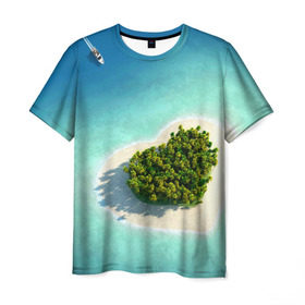 Мужская футболка 3D с принтом Остров в Новосибирске, 100% полиэфир | прямой крой, круглый вырез горловины, длина до линии бедер | вода | дерево | лето | море | океан | остров | пальмы | песок | сердечко | сердце | синий