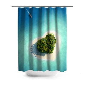 Штора 3D для ванной с принтом Остров в Новосибирске, 100% полиэстер | плотность материала — 100 г/м2. Стандартный размер — 146 см х 180 см. По верхнему краю — пластиковые люверсы для креплений. В комплекте 10 пластиковых колец | вода | дерево | лето | море | океан | остров | пальмы | песок | сердечко | сердце | синий