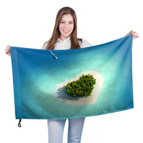 Флаг 3D с принтом Остров в Новосибирске, 100% полиэстер | плотность ткани — 95 г/м2, размер — 67 х 109 см. Принт наносится с одной стороны | вода | дерево | лето | море | океан | остров | пальмы | песок | сердечко | сердце | синий