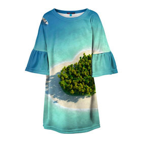 Детское платье 3D с принтом Остров в Новосибирске, 100% полиэстер | прямой силуэт, чуть расширенный к низу. Круглая горловина, на рукавах — воланы | вода | дерево | лето | море | океан | остров | пальмы | песок | сердечко | сердце | синий