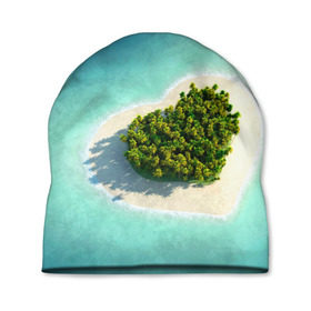 Шапка 3D с принтом Остров в Новосибирске, 100% полиэстер | универсальный размер, печать по всей поверхности изделия | вода | дерево | лето | море | океан | остров | пальмы | песок | сердечко | сердце | синий
