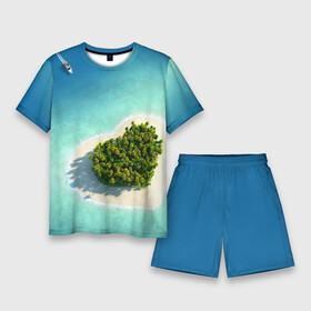 Мужской костюм с шортами 3D с принтом Остров в Новосибирске,  |  | вода | дерево | лето | море | океан | остров | пальмы | песок | сердечко | сердце | синий