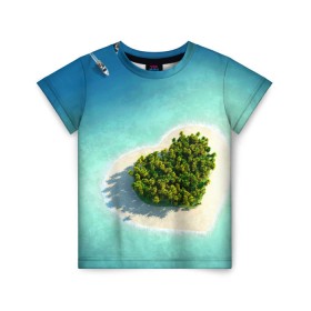 Детская футболка 3D с принтом Остров в Новосибирске, 100% гипоаллергенный полиэфир | прямой крой, круглый вырез горловины, длина до линии бедер, чуть спущенное плечо, ткань немного тянется | вода | дерево | лето | море | океан | остров | пальмы | песок | сердечко | сердце | синий