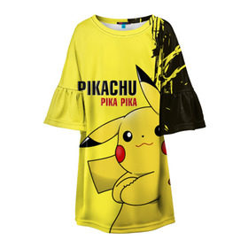 Детское платье 3D с принтом Pikachu Pika Pika в Новосибирске, 100% полиэстер | прямой силуэт, чуть расширенный к низу. Круглая горловина, на рукавах — воланы | Тематика изображения на принте: go | pikachu | pokemon | го | пика | пикачу | покемон