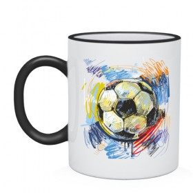 Кружка двухцветная с принтом Рисованный футбольный мяч в Новосибирске, керамика | объем — 330 мл, диаметр — 80 мм. Цветная ручка и кайма сверху, в некоторых цветах — вся внутренняя часть | игра | мяч | разводы | спорт | футбол | футбольный