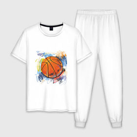 Мужская пижама хлопок с принтом Баскетбольный мяч в штрихах в Новосибирске, 100% хлопок | брюки и футболка прямого кроя, без карманов, на брюках мягкая резинка на поясе и по низу штанин
 | баскетбол | стилизация | штрихи