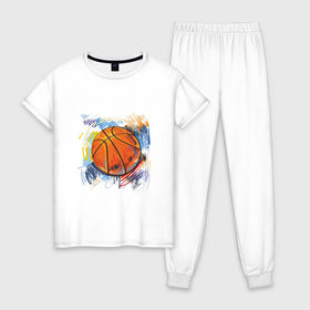 Женская пижама хлопок с принтом Баскетбольный мяч в штрихах в Новосибирске, 100% хлопок | брюки и футболка прямого кроя, без карманов, на брюках мягкая резинка на поясе и по низу штанин | баскетбол | стилизация | штрихи
