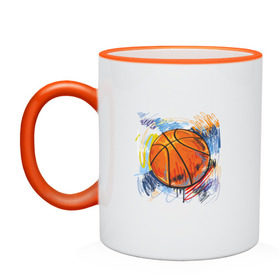 Кружка двухцветная с принтом Баскетбольный мяч в штрихах в Новосибирске, керамика | объем — 330 мл, диаметр — 80 мм. Цветная ручка и кайма сверху, в некоторых цветах — вся внутренняя часть | Тематика изображения на принте: баскетбол | стилизация | штрихи