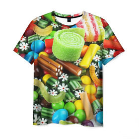 Мужская футболка 3D с принтом Сладости в Новосибирске, 100% полиэфир | прямой крой, круглый вырез горловины, длина до линии бедер | вкуснотища | вкусняшки | глазурь | жевачка | карамель | карамельки | конфетки | конфеты | леденец | мармеладки | сахар | сладости