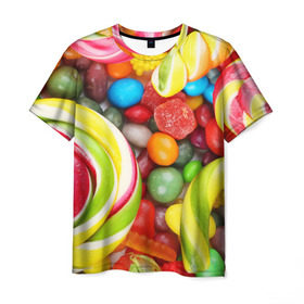 Мужская футболка 3D с принтом Вкусняшки в Новосибирске, 100% полиэфир | прямой крой, круглый вырез горловины, длина до линии бедер | вкуснотища | вкусняшки | глазурь | жевачка | карамель | карамельки | конфетки | конфеты | леденец | мармеладки | сахар | сладости