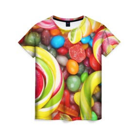 Женская футболка 3D с принтом Вкусняшки в Новосибирске, 100% полиэфир ( синтетическое хлопкоподобное полотно) | прямой крой, круглый вырез горловины, длина до линии бедер | вкуснотища | вкусняшки | глазурь | жевачка | карамель | карамельки | конфетки | конфеты | леденец | мармеладки | сахар | сладости