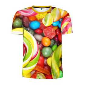 Мужская футболка 3D спортивная с принтом Вкусняшки в Новосибирске, 100% полиэстер с улучшенными характеристиками | приталенный силуэт, круглая горловина, широкие плечи, сужается к линии бедра | вкуснотища | вкусняшки | глазурь | жевачка | карамель | карамельки | конфетки | конфеты | леденец | мармеладки | сахар | сладости