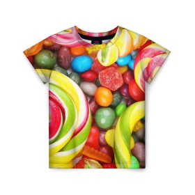 Детская футболка 3D с принтом Вкусняшки в Новосибирске, 100% гипоаллергенный полиэфир | прямой крой, круглый вырез горловины, длина до линии бедер, чуть спущенное плечо, ткань немного тянется | Тематика изображения на принте: вкуснотища | вкусняшки | глазурь | жевачка | карамель | карамельки | конфетки | конфеты | леденец | мармеладки | сахар | сладости
