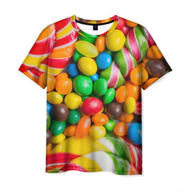Мужская футболка 3D с принтом Сладкоежка в Новосибирске, 100% полиэфир | прямой крой, круглый вырез горловины, длина до линии бедер | вкуснотища | вкусняшки | глазурь | жевачка | карамель | карамельки | конфетки | конфеты | леденец | мармеладки | сахар | сладости