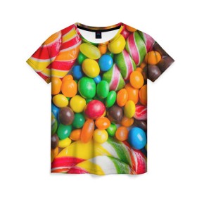 Женская футболка 3D с принтом Сладкоежка в Новосибирске, 100% полиэфир ( синтетическое хлопкоподобное полотно) | прямой крой, круглый вырез горловины, длина до линии бедер | вкуснотища | вкусняшки | глазурь | жевачка | карамель | карамельки | конфетки | конфеты | леденец | мармеладки | сахар | сладости