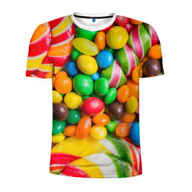 Мужская футболка 3D спортивная с принтом Сладкоежка в Новосибирске, 100% полиэстер с улучшенными характеристиками | приталенный силуэт, круглая горловина, широкие плечи, сужается к линии бедра | вкуснотища | вкусняшки | глазурь | жевачка | карамель | карамельки | конфетки | конфеты | леденец | мармеладки | сахар | сладости