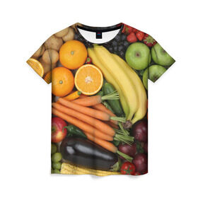 Женская футболка 3D с принтом Овощи и фрукты в Новосибирске, 100% полиэфир ( синтетическое хлопкоподобное полотно) | прямой крой, круглый вырез горловины, длина до линии бедер | апельсин | баклажан | банан | картофель | клубника | кукуруза | морковь | овощи | перец | фрукты | яблоки