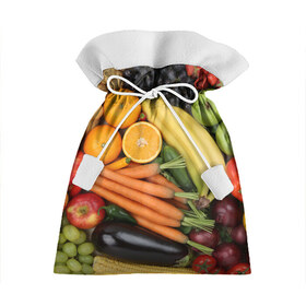 Подарочный 3D мешок с принтом Овощи и фрукты в Новосибирске, 100% полиэстер | Размер: 29*39 см | апельсин | баклажан | банан | картофель | клубника | кукуруза | морковь | овощи | перец | фрукты | яблоки