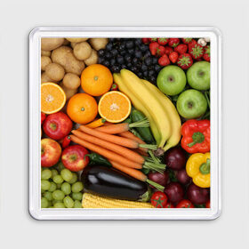 Магнит 55*55 с принтом Овощи и фрукты в Новосибирске, Пластик | Размер: 65*65 мм; Размер печати: 55*55 мм | апельсин | баклажан | банан | картофель | клубника | кукуруза | морковь | овощи | перец | фрукты | яблоки