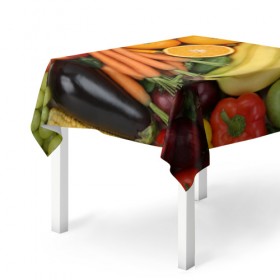 Скатерть 3D с принтом Овощи и фрукты в Новосибирске, 100% полиэстер (ткань не мнется и не растягивается) | Размер: 150*150 см | апельсин | баклажан | банан | картофель | клубника | кукуруза | морковь | овощи | перец | фрукты | яблоки