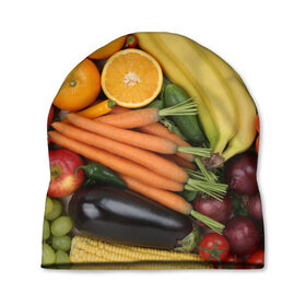 Шапка 3D с принтом Овощи и фрукты в Новосибирске, 100% полиэстер | универсальный размер, печать по всей поверхности изделия | апельсин | баклажан | банан | картофель | клубника | кукуруза | морковь | овощи | перец | фрукты | яблоки