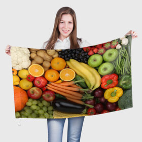 Флаг 3D с принтом Овощи и фрукты в Новосибирске, 100% полиэстер | плотность ткани — 95 г/м2, размер — 67 х 109 см. Принт наносится с одной стороны | Тематика изображения на принте: апельсин | баклажан | банан | картофель | клубника | кукуруза | морковь | овощи | перец | фрукты | яблоки