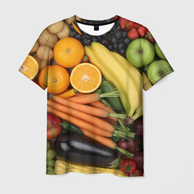 Мужская футболка 3D с принтом Овощи и фрукты в Новосибирске, 100% полиэфир | прямой крой, круглый вырез горловины, длина до линии бедер | апельсин | баклажан | банан | картофель | клубника | кукуруза | морковь | овощи | перец | фрукты | яблоки