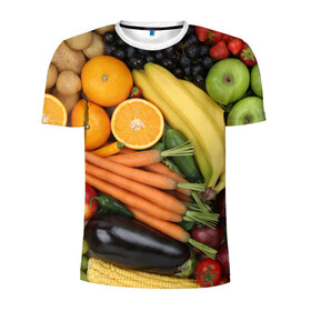 Мужская футболка 3D спортивная с принтом Овощи и фрукты в Новосибирске, 100% полиэстер с улучшенными характеристиками | приталенный силуэт, круглая горловина, широкие плечи, сужается к линии бедра | апельсин | баклажан | банан | картофель | клубника | кукуруза | морковь | овощи | перец | фрукты | яблоки