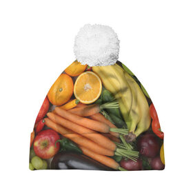 Шапка 3D c помпоном с принтом Овощи и фрукты в Новосибирске, 100% полиэстер | универсальный размер, печать по всей поверхности изделия | апельсин | баклажан | банан | картофель | клубника | кукуруза | морковь | овощи | перец | фрукты | яблоки