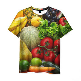 Мужская футболка 3D с принтом Богатый урожай в Новосибирске, 100% полиэфир | прямой крой, круглый вырез горловины, длина до линии бедер | апельсин | баклажан | банан | богатый урожай | виноград | горох | еда | кабачок | капуста | картофель | лимон | морковь | овощи | огурец | перец | персик | помидор | слива | сочные плоды | томат | тыква