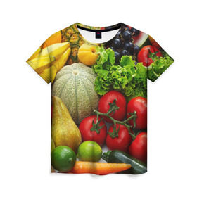 Женская футболка 3D с принтом Богатый урожай в Новосибирске, 100% полиэфир ( синтетическое хлопкоподобное полотно) | прямой крой, круглый вырез горловины, длина до линии бедер | апельсин | баклажан | банан | богатый урожай | виноград | горох | еда | кабачок | капуста | картофель | лимон | морковь | овощи | огурец | перец | персик | помидор | слива | сочные плоды | томат | тыква