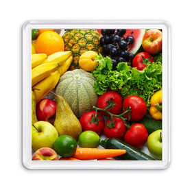 Магнит 55*55 с принтом Богатый урожай в Новосибирске, Пластик | Размер: 65*65 мм; Размер печати: 55*55 мм | апельсин | баклажан | банан | богатый урожай | виноград | горох | еда | кабачок | капуста | картофель | лимон | морковь | овощи | огурец | перец | персик | помидор | слива | сочные плоды | томат | тыква