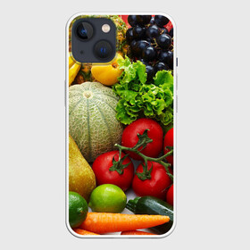 Чехол для iPhone 13 с принтом Богатый урожай в Новосибирске,  |  | апельсин | баклажан | банан | богатый урожай | виноград | горох | еда | кабачок | капуста | картофель | лимон | морковь | овощи | огурец | перец | персик | помидор | слива | сочные плоды | томат | тыква