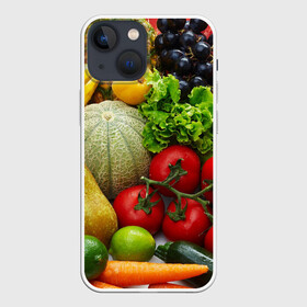 Чехол для iPhone 13 mini с принтом Богатый урожай в Новосибирске,  |  | апельсин | баклажан | банан | богатый урожай | виноград | горох | еда | кабачок | капуста | картофель | лимон | морковь | овощи | огурец | перец | персик | помидор | слива | сочные плоды | томат | тыква