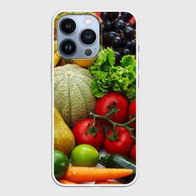 Чехол для iPhone 13 Pro с принтом Богатый урожай в Новосибирске,  |  | Тематика изображения на принте: апельсин | баклажан | банан | богатый урожай | виноград | горох | еда | кабачок | капуста | картофель | лимон | морковь | овощи | огурец | перец | персик | помидор | слива | сочные плоды | томат | тыква