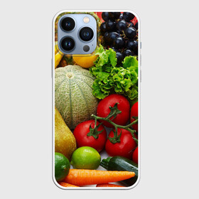Чехол для iPhone 13 Pro Max с принтом Богатый урожай в Новосибирске,  |  | апельсин | баклажан | банан | богатый урожай | виноград | горох | еда | кабачок | капуста | картофель | лимон | морковь | овощи | огурец | перец | персик | помидор | слива | сочные плоды | томат | тыква