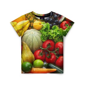 Детская футболка 3D с принтом Богатый урожай в Новосибирске, 100% гипоаллергенный полиэфир | прямой крой, круглый вырез горловины, длина до линии бедер, чуть спущенное плечо, ткань немного тянется | апельсин | баклажан | банан | богатый урожай | виноград | горох | еда | кабачок | капуста | картофель | лимон | морковь | овощи | огурец | перец | персик | помидор | слива | сочные плоды | томат | тыква